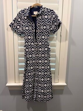 Sezane Navy and White Printed Midi Dress